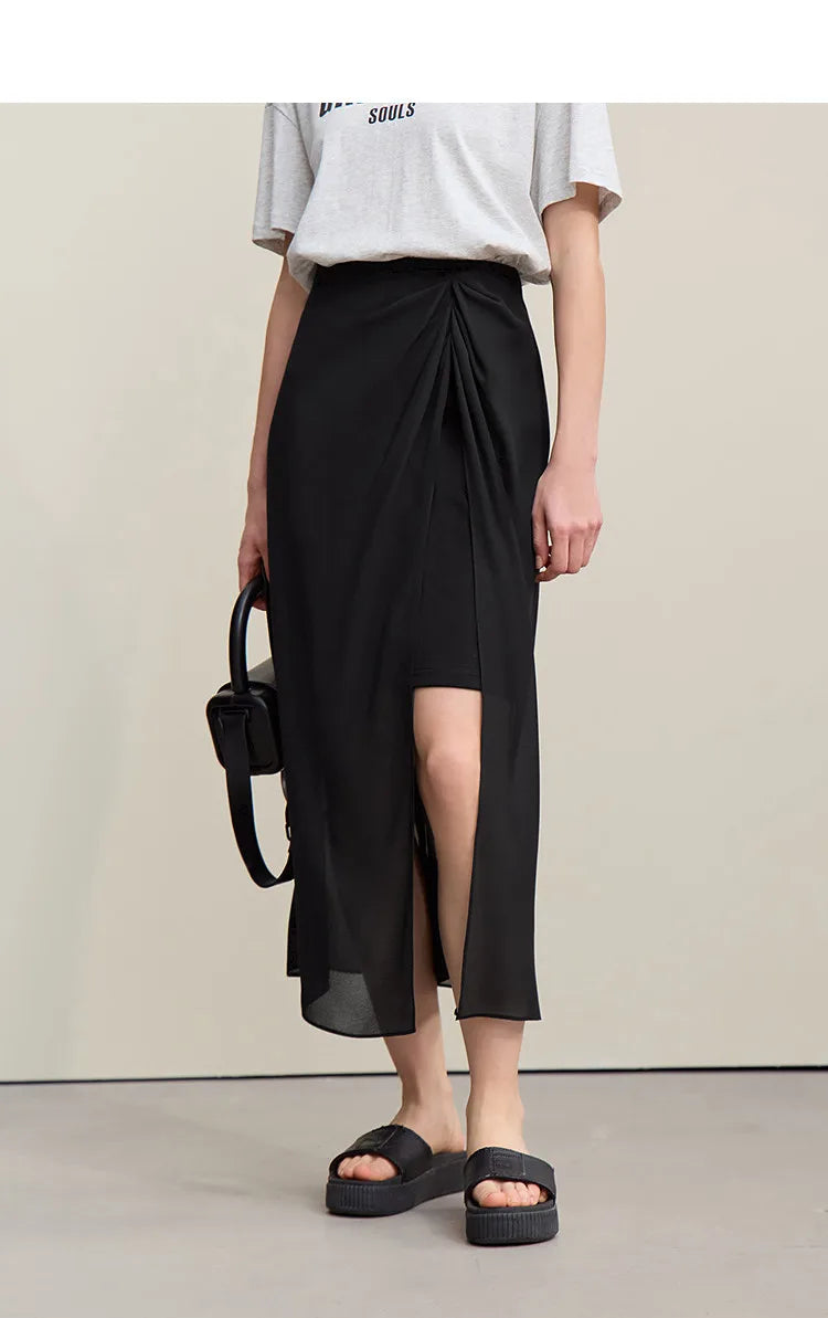 Amii Women's Skirt 2026 Summer Elegant Chiffon Midi Skirt Pleated Side Slit Office Casual Versatile Women's Clothing 12612002