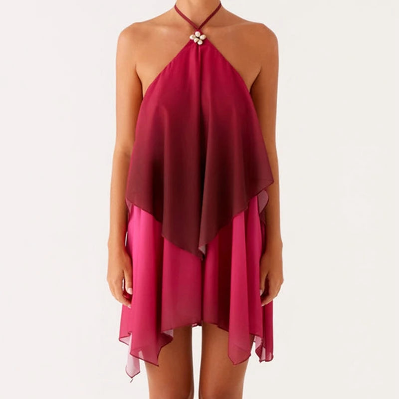 Women Ruffles Halter Neck Mini Dress Summer Mock Neck Open Back Tiered Dress Y2K Backless Mesh Layered Going Out Dresses