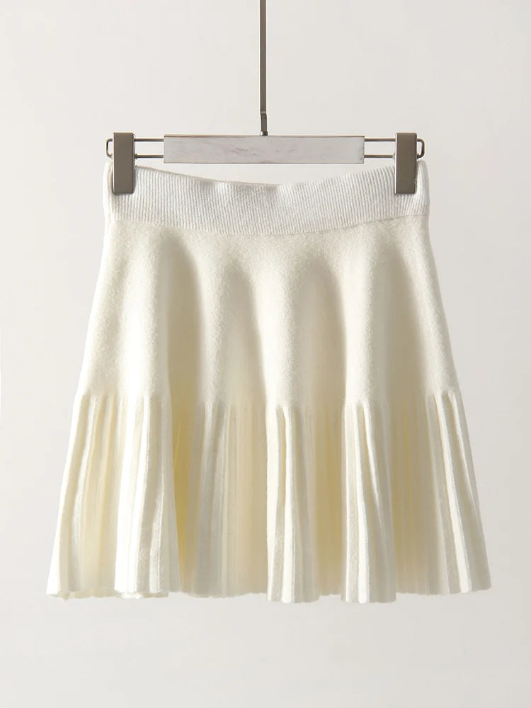 Black Mini Pleated Skirt Gray Women Elastic Waist Short Knitted Skirt For Autumn White A Line Knit Short School Skirt For Women