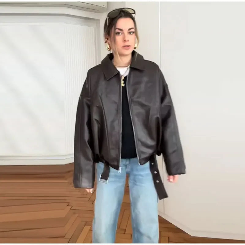 The Belted PU Bomber Jacket