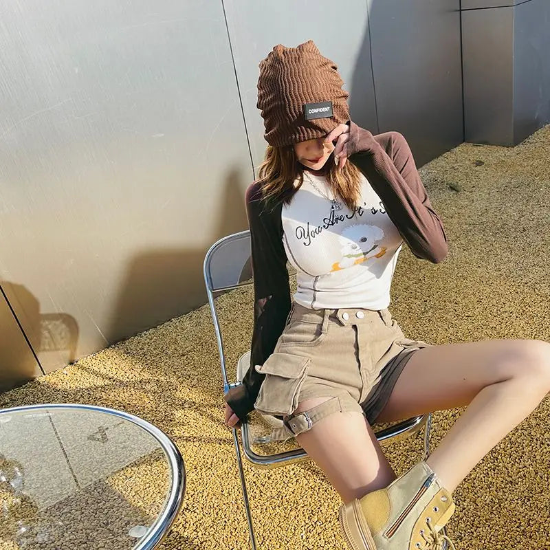 High Waisted Cargo Shorts Khaki Chic Pockets Jeans Shorts Sexy Girl Summer Clothes for Women