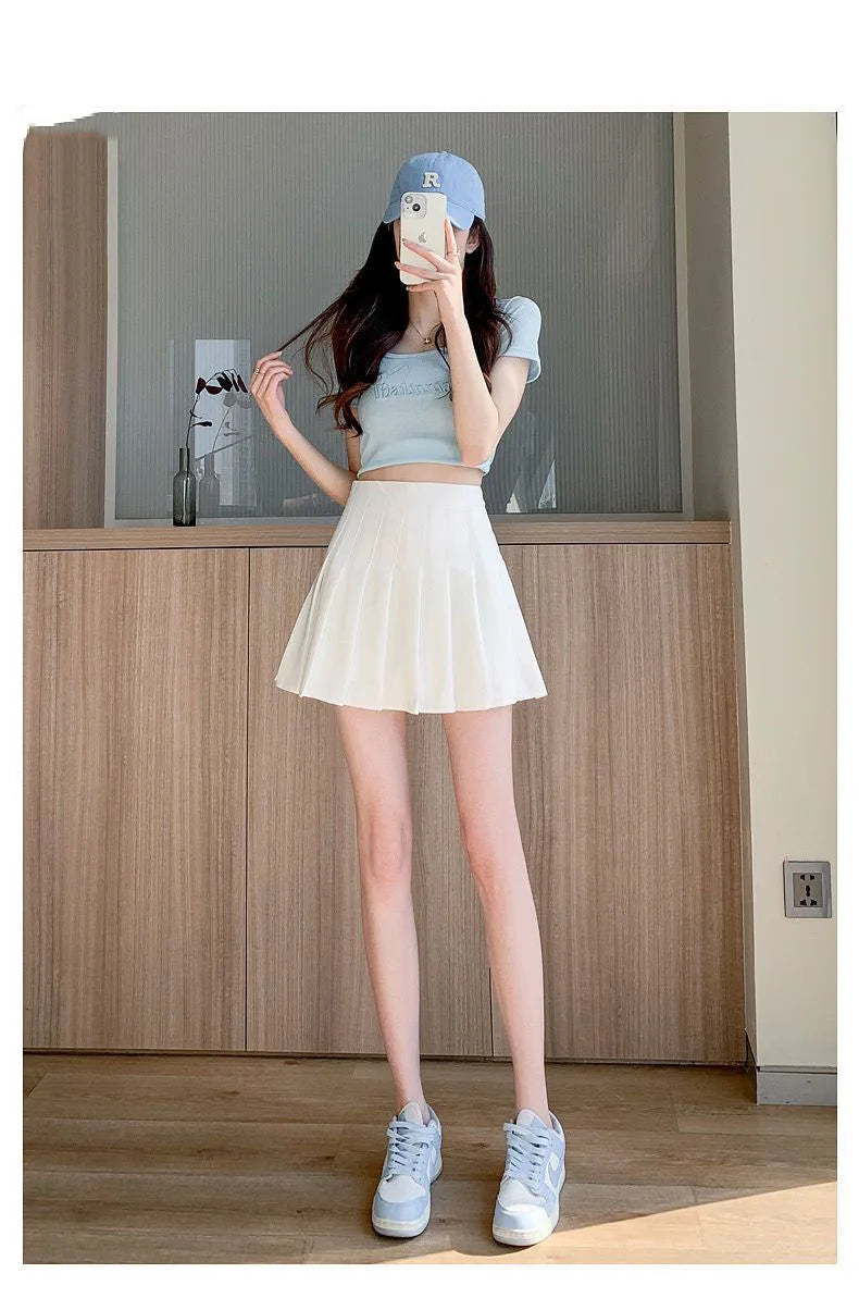 Pleated Mini Skirt with Shorts Women's High Waist A-Line Skater Skort White Black Pink Sporty School Uniform New Fashion HotSale