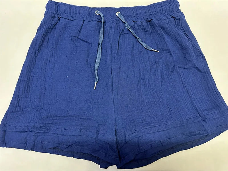 Summer Women's Suit Short Sets Outfits Muslin Suit For Women 2025 Two Piece Female Clothing Solid Button Outfits