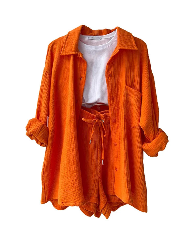 Summer Women's Suit Short Sets Outfits Muslin Suit For Women 2025 Two Piece Female Clothing Solid Button Outfits