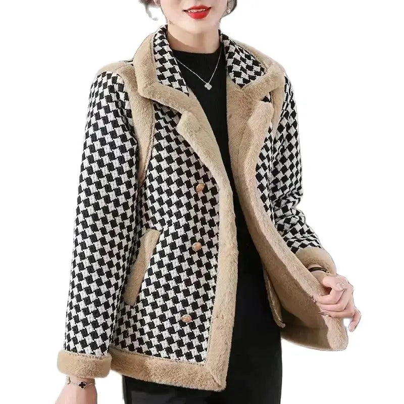 New Autumn And Winter Clothes With Velvet Padded Coat Female Short Korean Version Woolen Lattice Temperament Keep Warm Coat