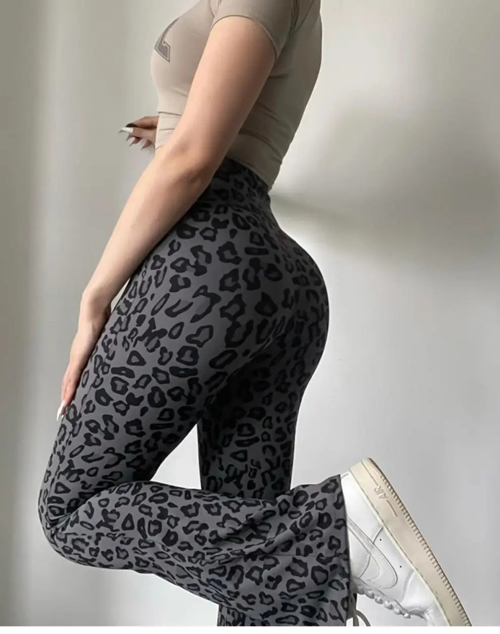 BIVIGAOS Spring Summer Leopard Print Flared Leggings Women Sharkskin High Waist Tight Sport Pilates Sexy Fitness Horseshoe Pants