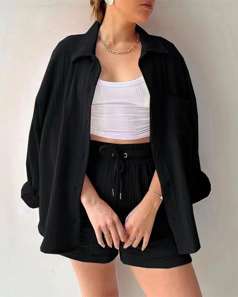 Summer Women's Suit Short Sets Outfits Muslin Suit For Women 2025 Two Piece Female Clothing Solid Button Outfits