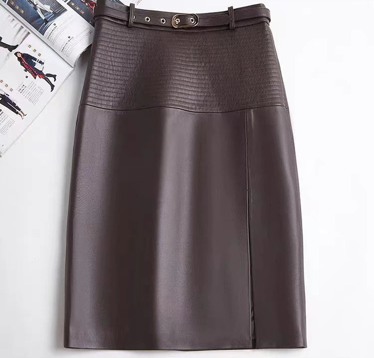 2025 New Spring Women Genuine Leather Skirt Feminino Slim Leopard Pattern Split  Wrapped Jupe Mujer Mid Length Striped Belt Saia