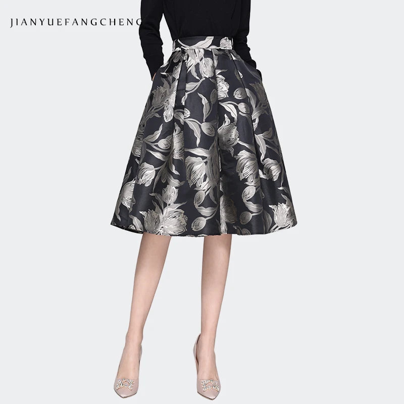 Women Grey Floral Mid-length Skirt 2024 Spring New HIgh Waist A-Line Pleated Knee-length Skirts With Pockets Tutu Skirts