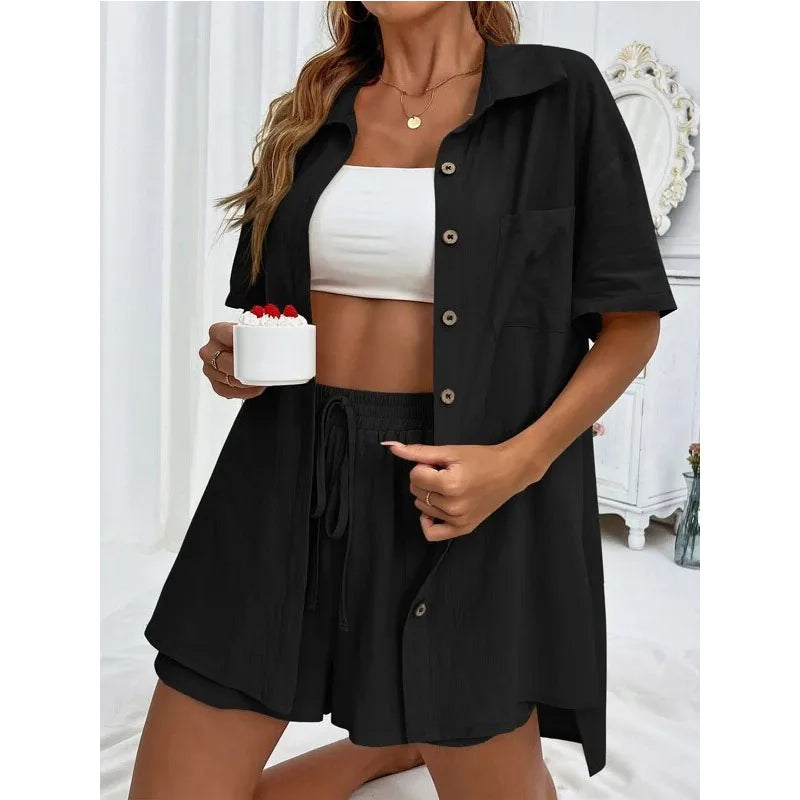 Solid Color Casual Loose Short Pants Sets For Women 2024 Elegant Summer Women's Two Pieces Suit Full Set Female Outfit Clothes