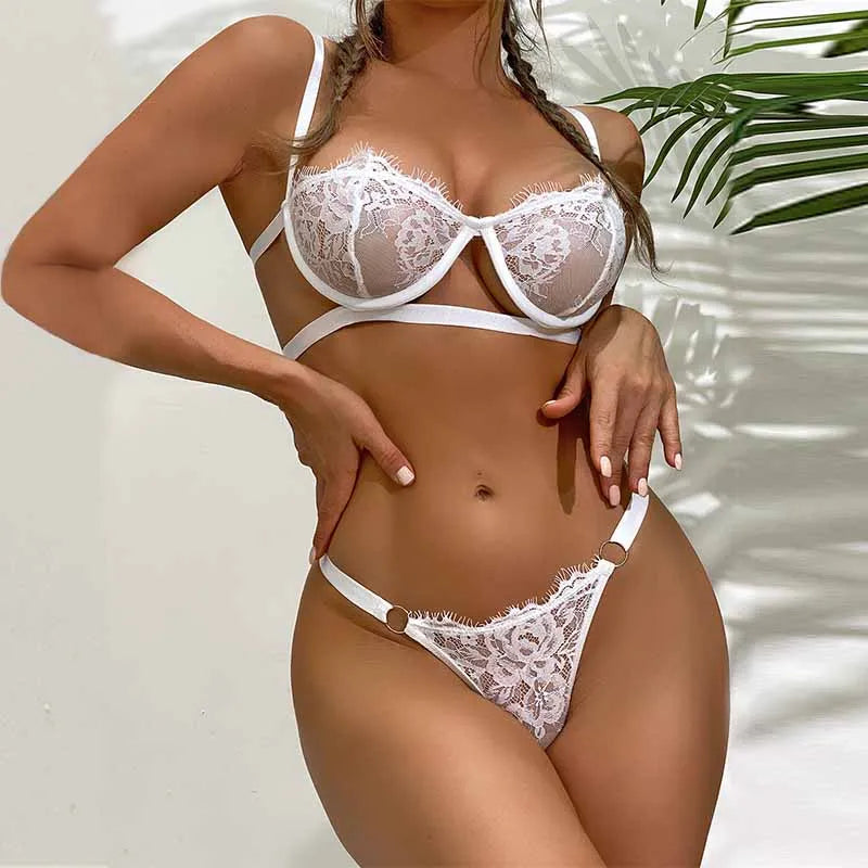 Hot Transparent Black Eyelash Lace Sexy Lingerie Women Ultrathin Bra Panties Set Erotic See Through Outfits Intimates Underwear
