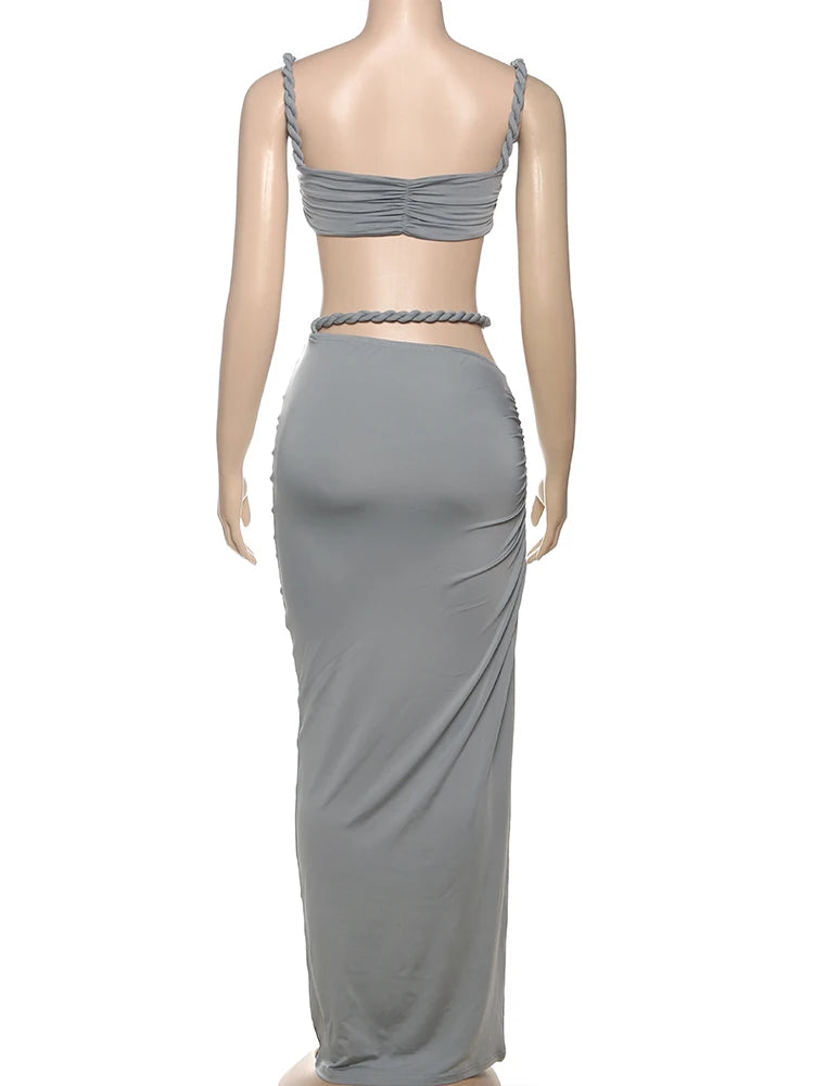 kliou Woven Sexy Women 2 Piece Set Stunning Hot Solid Pleated Crop Camisoles+High Waist Maxi Skirts Female Trend Vacation Outfit