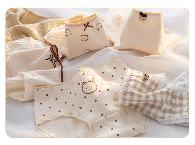 5Pcs/Set Cartoon Cute Bear Cotton Women Panties Breathable Underwear Girls Briefs Mid Waist Soft Female Intimates Sexy Lingerie
