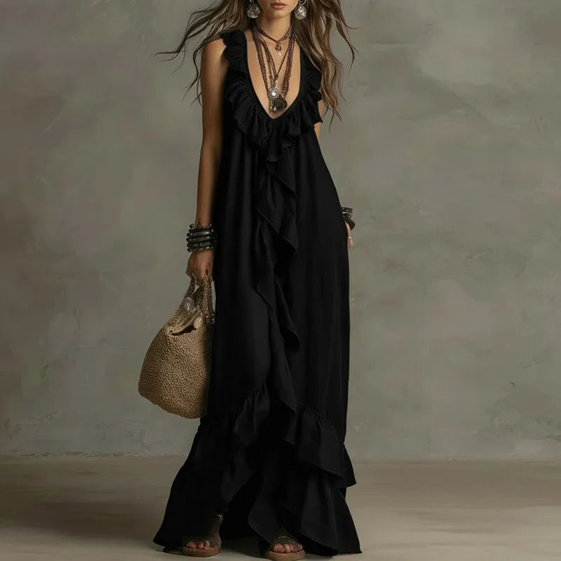 Sexy Deep V Neck Ruffle Loose Long Dresses Woman Spring Casual Solid Party Maxi Dress New Summer Sleeveless Vacation Beach Dress