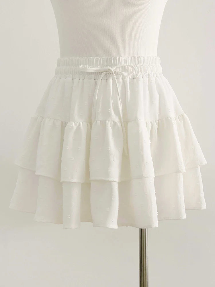 Streamgirl Women Mini Skirts With Shorts Under Summer Clothes Tie Up A Line Short White Pleated Ruffled Layered Skirt For Women