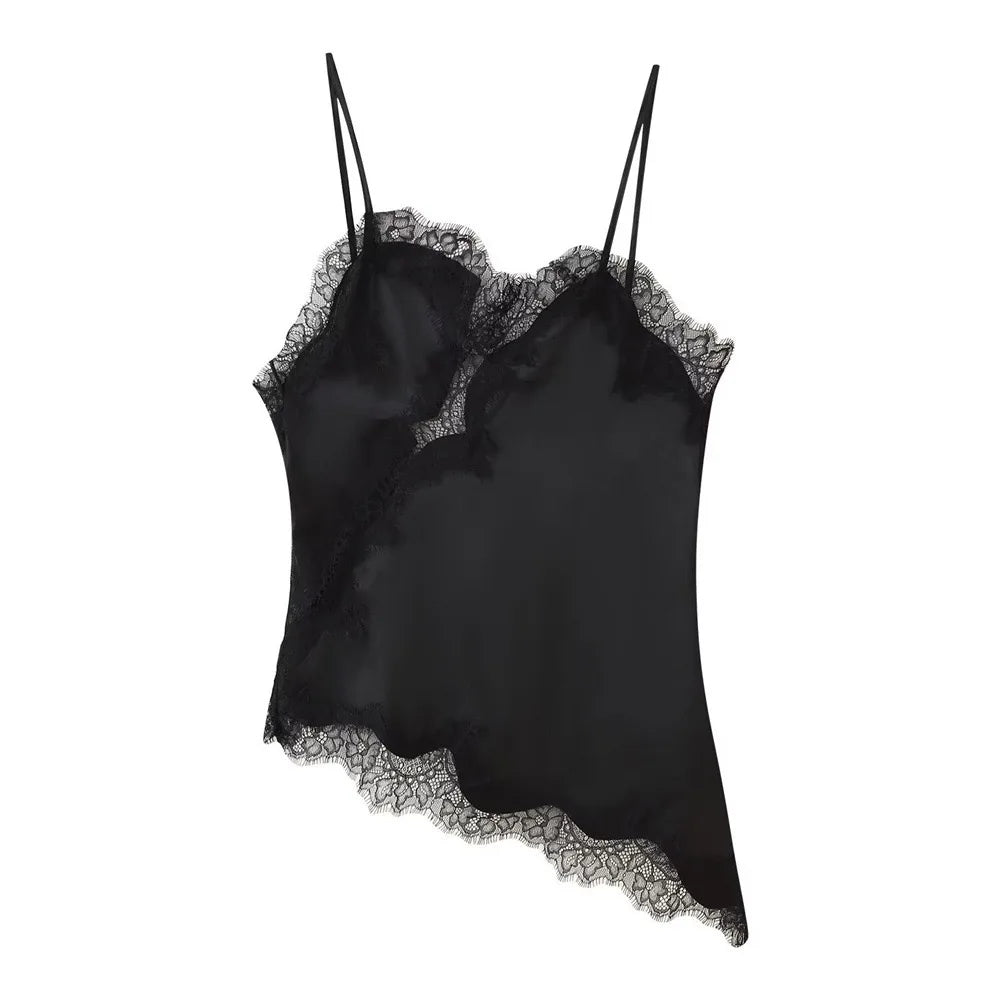 Elegant Asymmetrical Slip Top for Women Summer Y2K Lace Black Off-Shoulder Sleeveless Backless Camisole Tops