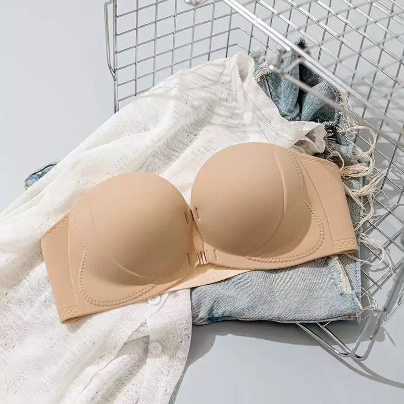 Strapless Anti-Slip Bra for Women with Small Breasts Front Buckle Gathered Design to Enhance Bust Size And Thickness