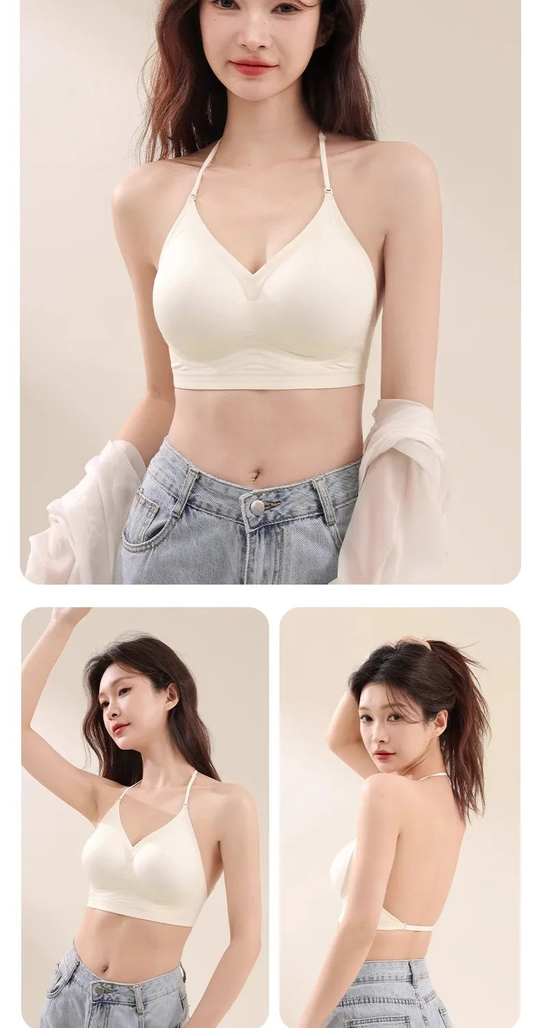 Women's Back-Enhancing Summer Bra: Thin-Strapped, Pushing-Up, Backless, Seamless, Neck-Hook, Modest, Sexy and Comfortable Bra