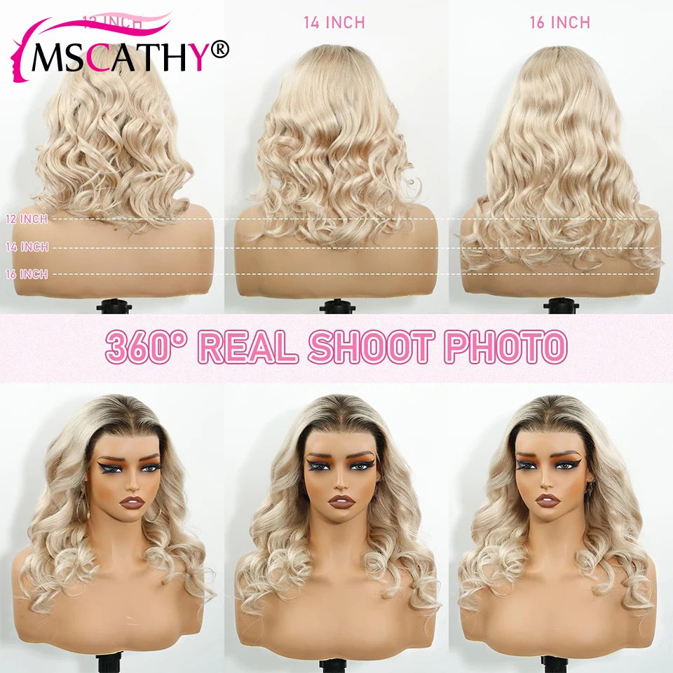 Ash Blonde Ombre Human Hair Wigs For Women Body Wave HD Transparent Lace Frontal Wig Brazilian Remy Hair Short Bob Wig Pre Pluck