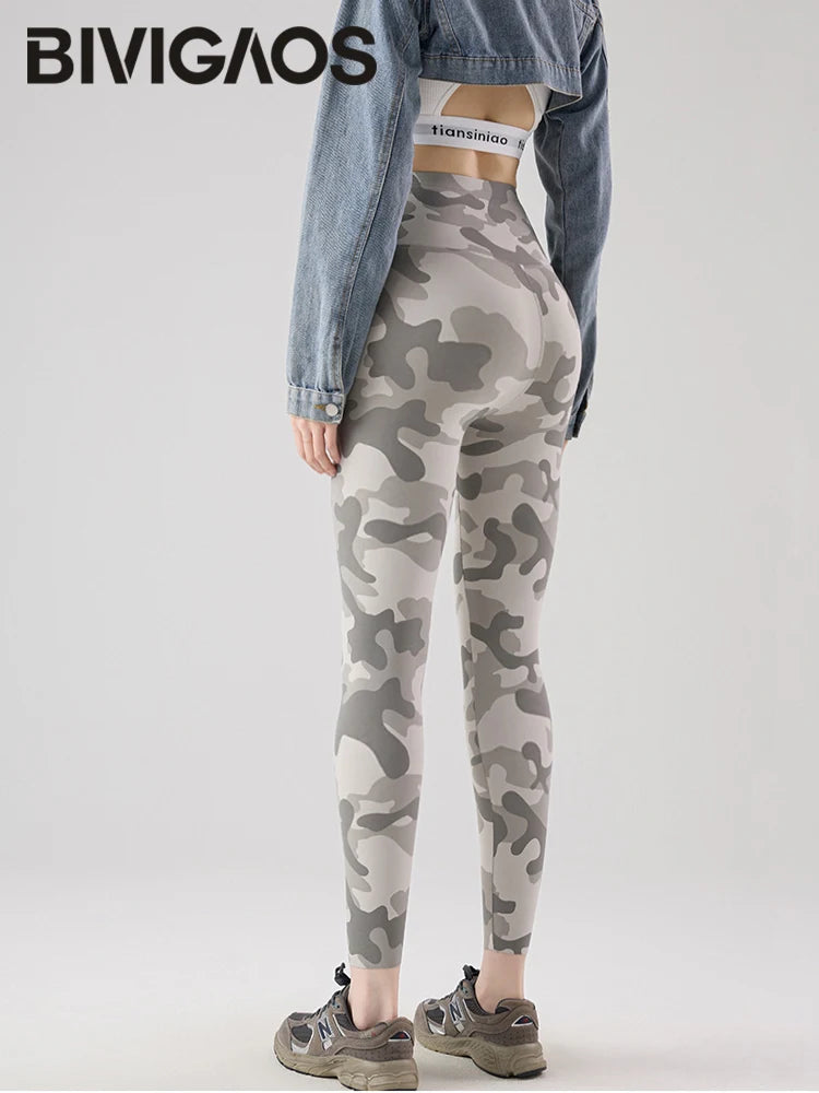 BIVIGAOS Spring Summer New Seamless Camouflage Sharkskin Leggings Women Fashion High Waist Casual Sports Tights Fitness Leggings