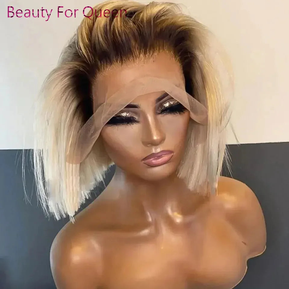 Ombre Blonde Short Bob Wig Lace Front Human Hair Wigs For Women Straight 180% Density Dark Roots Glueless 13x6 Lace Frontal Wig