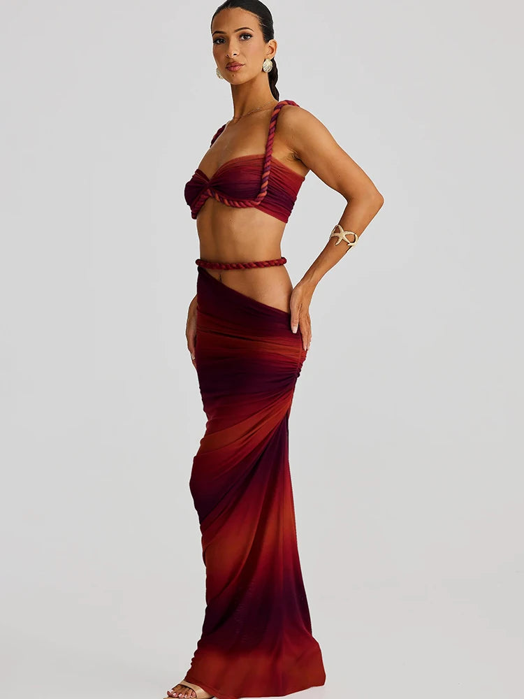 kliou Woven Sexy Women 2 Piece Set Stunning Hot Solid Pleated Crop Camisoles+High Waist Maxi Skirts Female Trend Vacation Outfit
