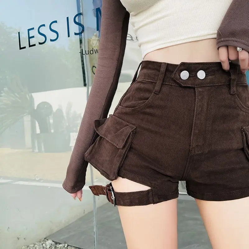 High Waisted Cargo Shorts Khaki Chic Pockets Jeans Shorts Sexy Girl Summer Clothes for Women