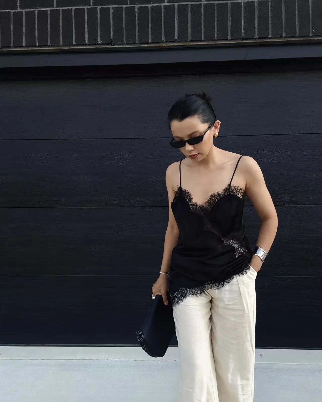 Elegant Asymmetrical Slip Top for Women Summer Y2K Lace Black Off-Shoulder Sleeveless Backless Camisole Tops