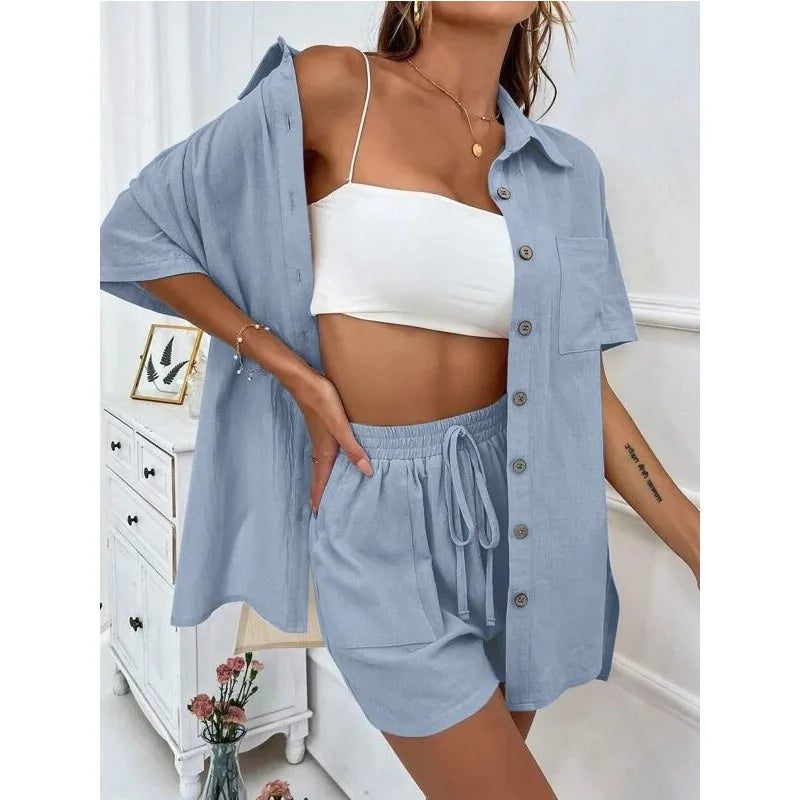 Solid Color Casual Loose Short Pants Sets For Women 2024 Elegant Summer Women's Two Pieces Suit Full Set Female Outfit Clothes
