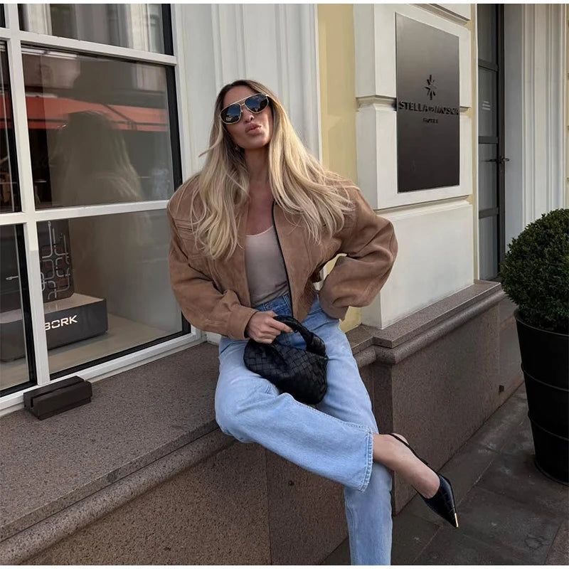 Women's Brown Suede Short Jackets Casual Lapel Zippered Full Sleeves Pocket Loose Short Coats 2025 Autumn Daily Commute Outwear