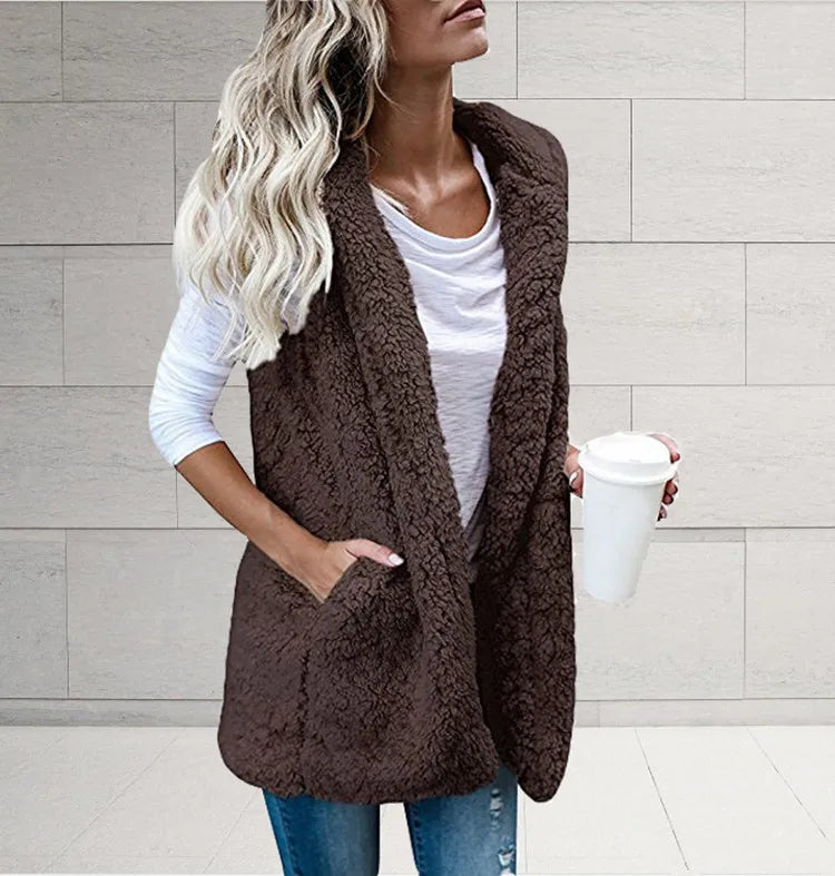 Women Fleece Coats Summer Fashion Pocket Sleeveless Long Loose Waistcoats Outwear LRFZ-6699