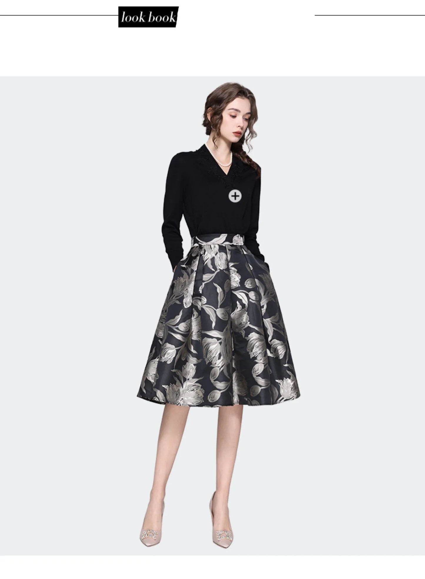 Women Grey Floral Mid-length Skirt 2024 Spring New HIgh Waist A-Line Pleated Knee-length Skirts With Pockets Tutu Skirts