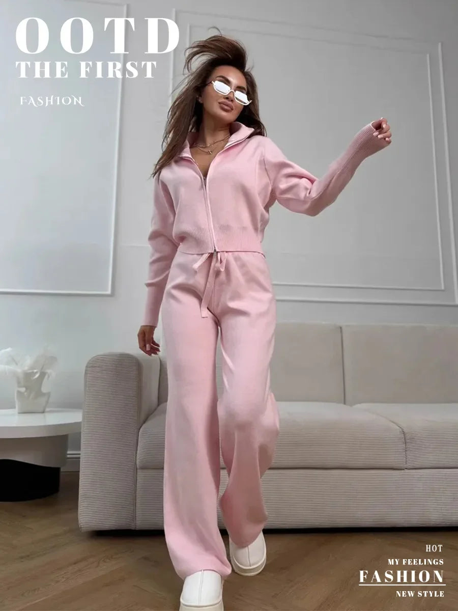 Wolfeel  New Autumn Winter Zip Up Knit Pants Set Women's Trendy Slim Fit Cardigan Pants Chic Commuting Sweater Outfit