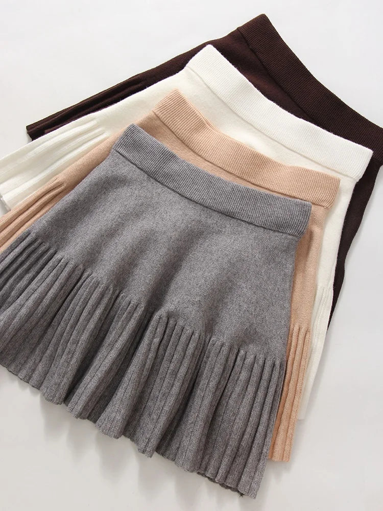 Black Mini Pleated Skirt Gray Women Elastic Waist Short Knitted Skirt For Autumn White A Line Knit Short School Skirt For Women