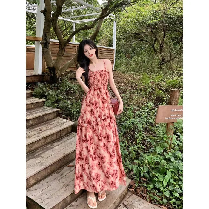 Elegant Long Dress 2024 New Summer Vacation Style High-waisted Slimming Sleeveless Tank Dress Fragrant Flowers