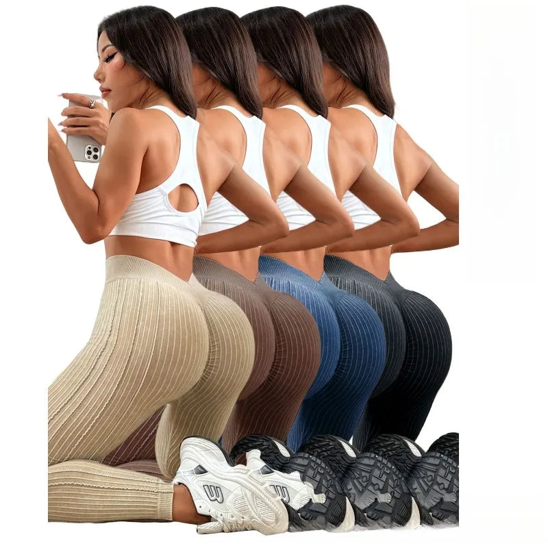 Womens Sand Washed Ribbed Leggings High Waisted Yoga Leggings V Shaped Waistband Peach Booty Lifting Fitness Pants for Workout