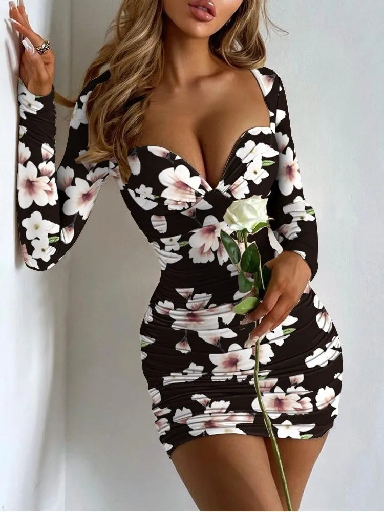 Sexy Low Cut Flower Print Bodycon Mini Long Sleeve V Neck Dress Women Elegant Long Sleeve Short  Wrapped Hip Printed Dress