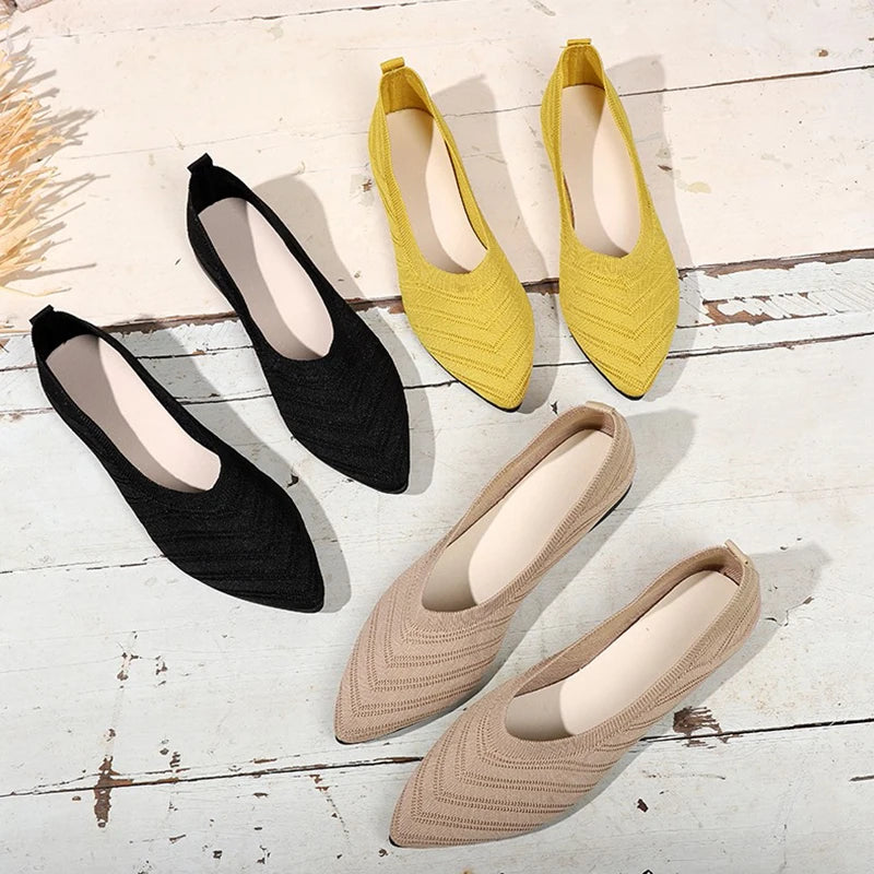 Women's Pointed Toe Flat Shoes Solid Color Knitted Slip on Shoes Casual Breathable Ballet Flats Women Flat Shoes Loafers Women W