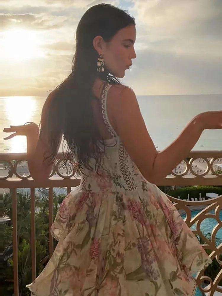 Women Floral Print Corset A-Line Mini Dress Lace Trim Spaghetti Strap V Neck Elegant Party Dresses 2026 Summer Lady Chic Outfit