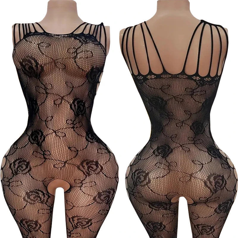 Erotic Crotchless Lingerie For Women Mesh Translucent Bra Set Lace Floral Print Bodysuit Fishnet Sexy Hollow Out Underwear Set