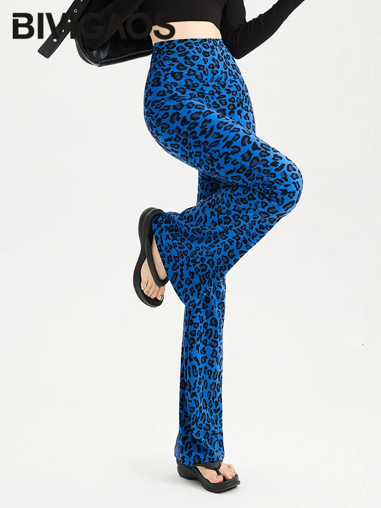 BIVIGAOS Spring Summer Leopard Print Flared Leggings Women Sharkskin High Waist Tight Sport Pilates Sexy Fitness Horseshoe Pants