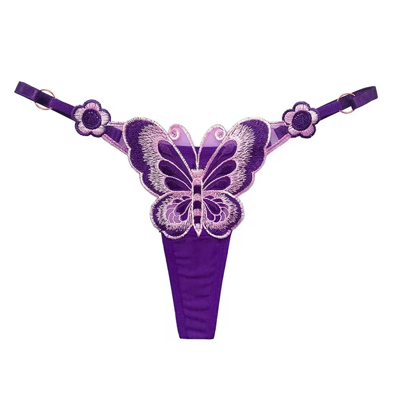 Butterfly Lace Thong for Women Low Waist G-String Transparent Mesh Panties Sexy Embroidered Briefs Adjustable Waist Culotte Femm