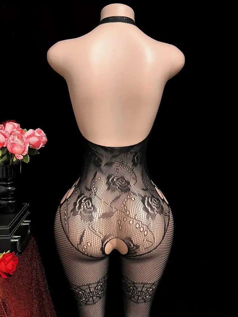 Erotic Crotchless Lingerie For Women Mesh Translucent Bra Set Lace Floral Print Bodysuit Fishnet Sexy Hollow Out Underwear Set