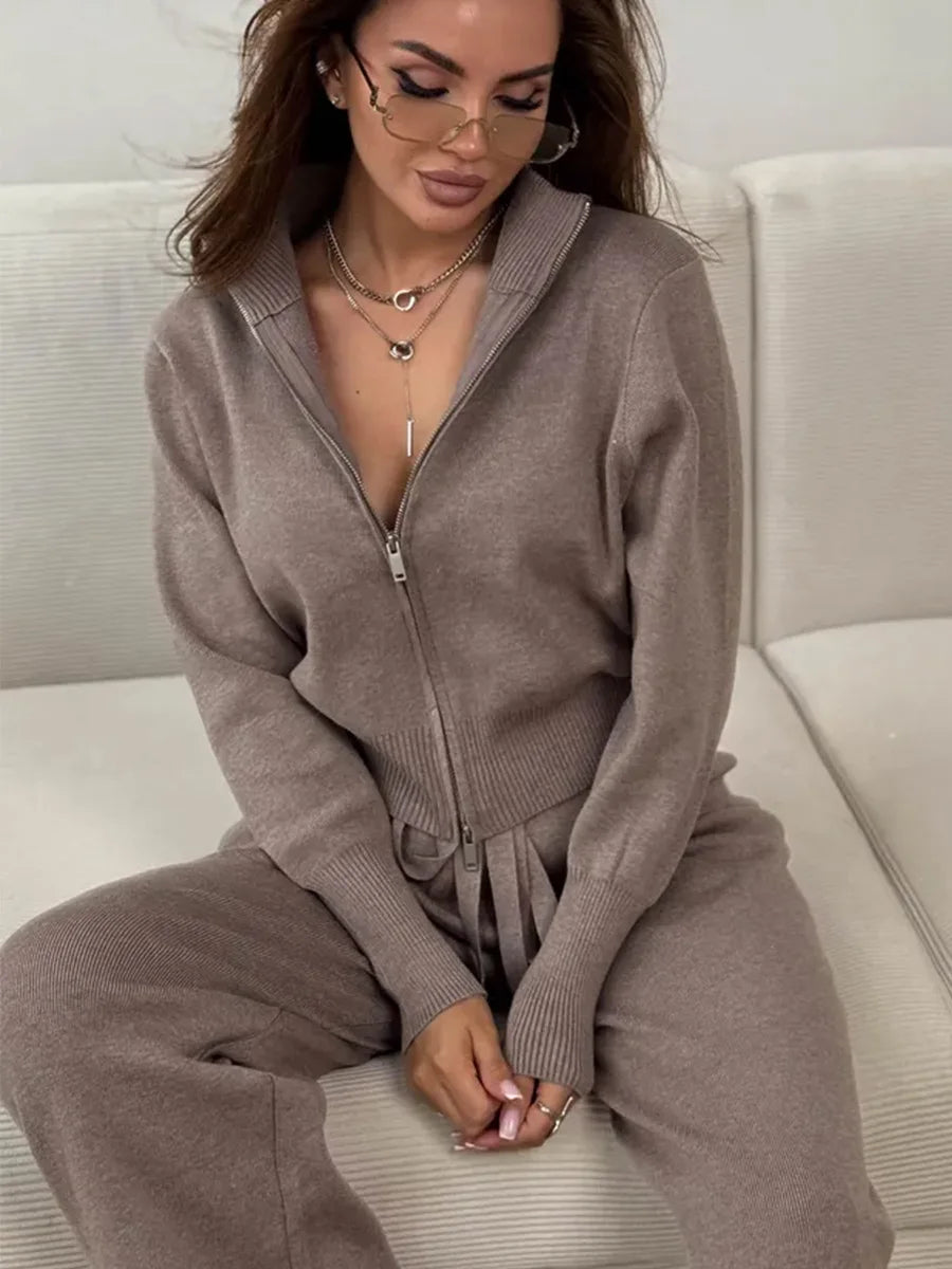 Wolfeel  New Autumn Winter Zip Up Knit Pants Set Women's Trendy Slim Fit Cardigan Pants Chic Commuting Sweater Outfit
