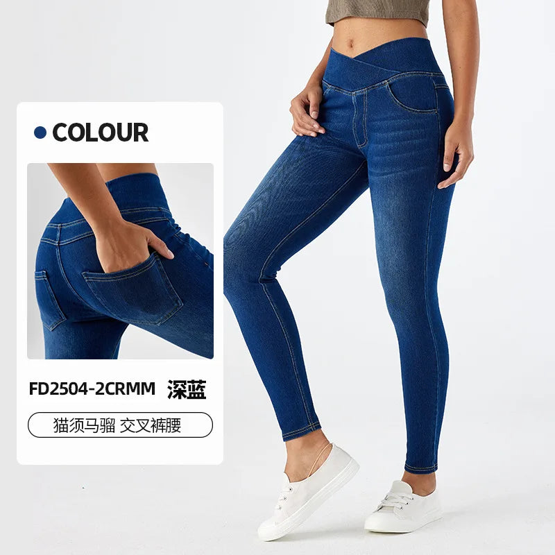 High Waist Cross Fit Women's Skinny Jeans Elastic Fitness Casual Pants Cotton Polyester Inner Lining Running Exercise Jeans