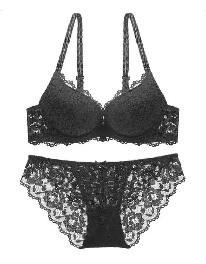 Sexy Lace Floral Women's Underwear Set Double Straps Push-Up Bra Hollow-Out Sexy Panties