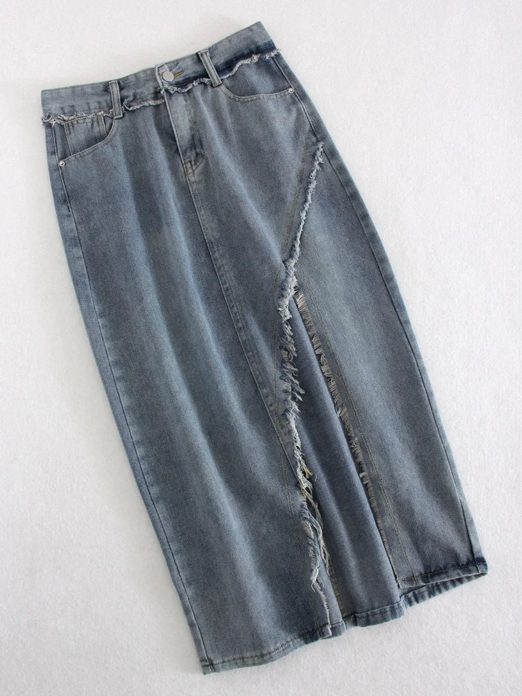 Streamgirl Irregular Split Denim Skirts For Women Midi Summer Casual Tassel Denim Skirt Lady Sexy A Line Jeans Skirt Women 2024