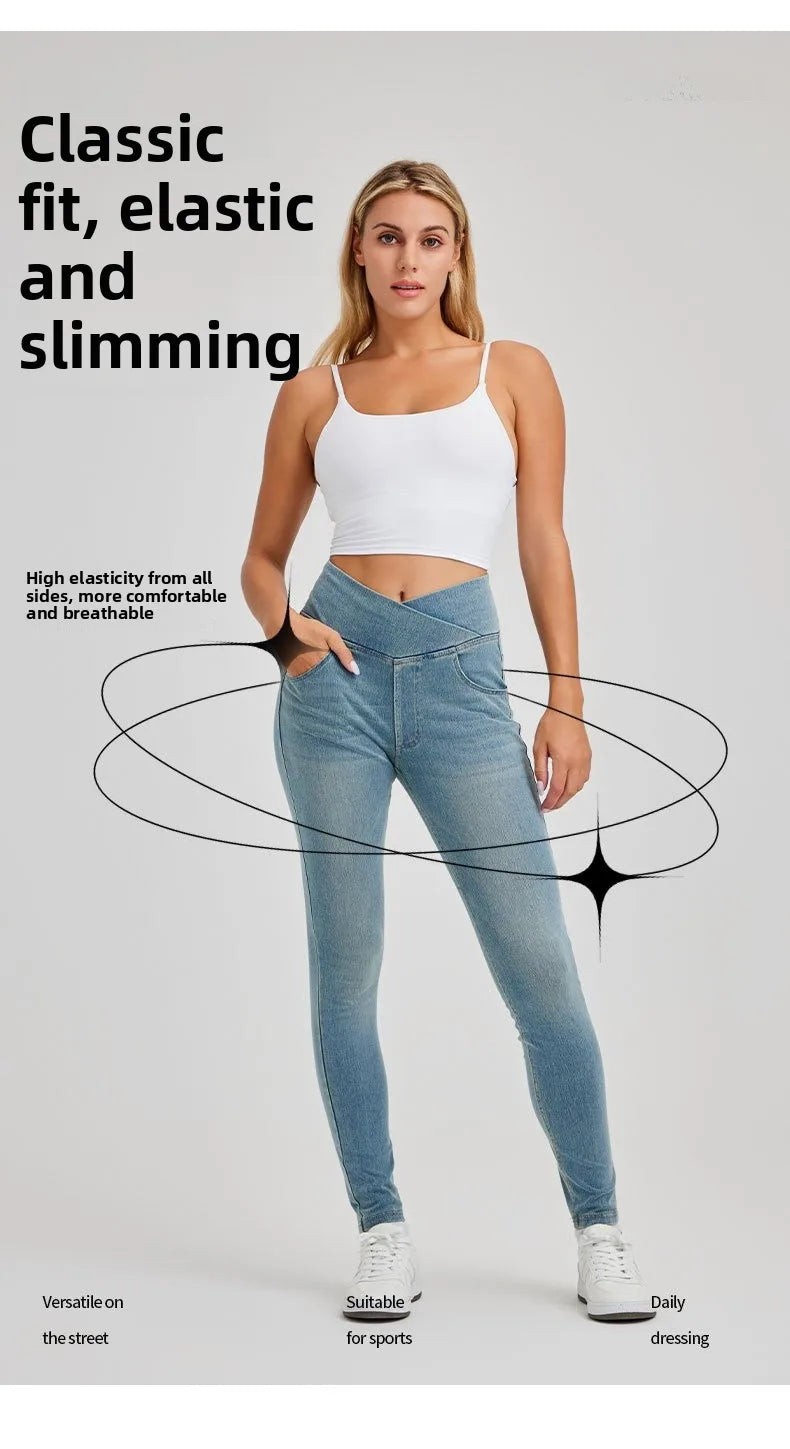 High Waist Cross Fit Women's Skinny Jeans Elastic Fitness Casual Pants Cotton Polyester Inner Lining Running Exercise Jeans