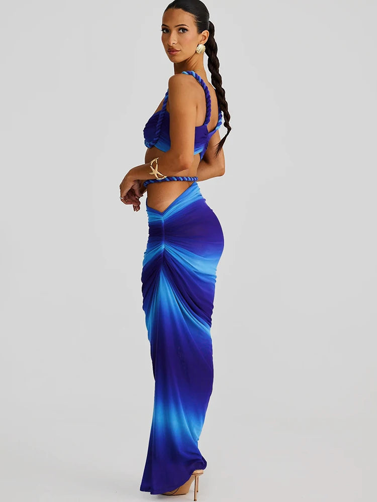 kliou Woven Sexy Women 2 Piece Set Stunning Hot Solid Pleated Crop Camisoles+High Waist Maxi Skirts Female Trend Vacation Outfit