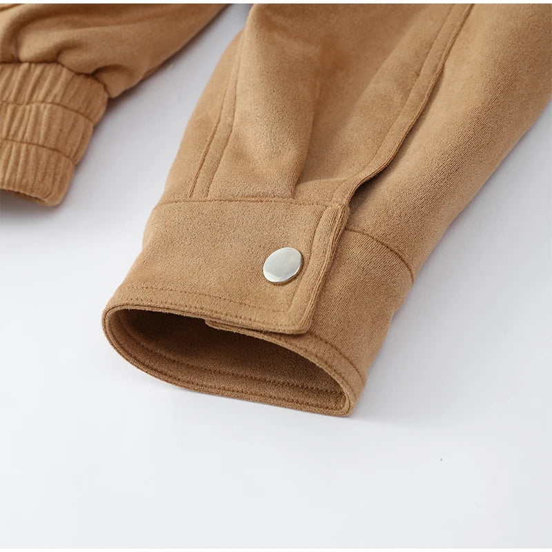 Women's Brown Suede Short Jackets Casual Lapel Zippered Full Sleeves Pocket Loose Short Coats 2025 Autumn Daily Commute Outwear